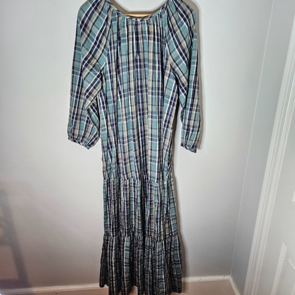 Mirth Ostuni Tiered Maxi Hand Loomed Cotton Dress Ocean Blue Plaid S Small NWT - Picture 2 of 8